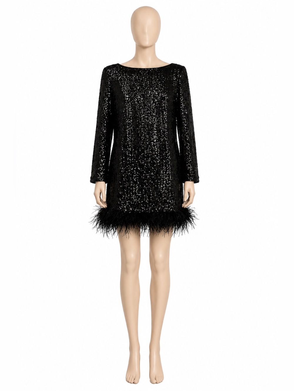 Black Sequin Dress with Feather Trim
